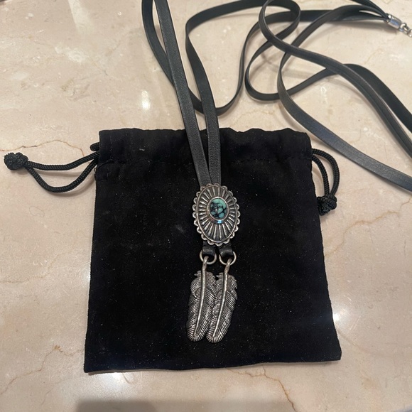 King Baby Studio leather bolo.  Sterling silver feathers and turquoise. - Picture 1 of 8